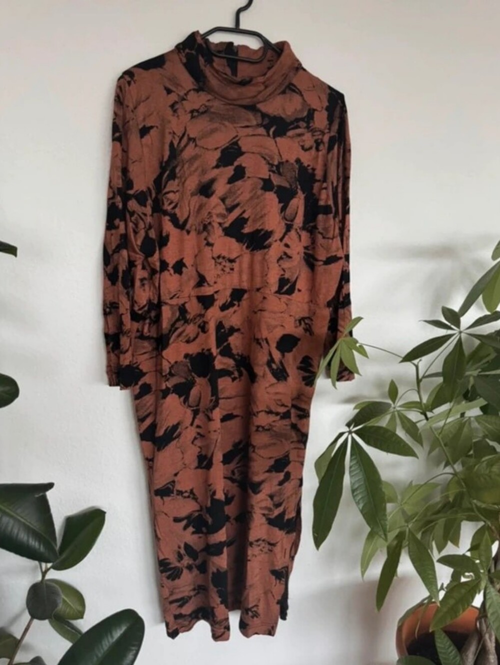 Vintage Rust and Black Floral Turtleneck Midi Dress